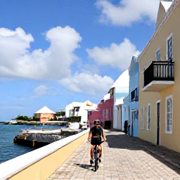 Caribbean Holidays, Bermuda Cycling Holidays, A cyclist exploring the historic streets of St George's Bermuda, with pastel buildings, old stone lanes and a sunny harbour