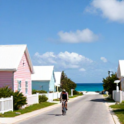Caribbean Holidays, Bermuda Cycling Holidays, A cyclist riding along a quiet coastal road in Bermuda in February, with pastel cottages, turquoise sea and bright blue sky