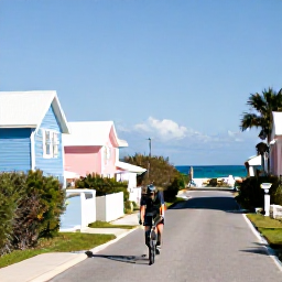 Caribbean Holidays, Bermuda Cycling Holidays, A cyclist riding along a quiet coastal road in Bermuda in January, with pastel houses, turquoise sea and bright winter sunshine