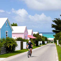 Caribbean Holidays, Bermuda Cycling Holidays, A cyclist riding along a quiet coastal road in Bermuda, with pastel cottages, turquoise sea and lush greenery