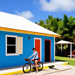 Caribbean Holidays, Bermuda Cycling Holidays, A relaxed cyclist stopping outside a colourful Bermudian caf&eacute;, with a bicycle parked nearby and tropical island scenery