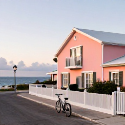 Caribbean Holidays, Bermuda Cycling Holidays, A relaxed evening in Bermuda with bicycles outside a welcoming guesthouse, pastel buildings and a soft sunset over the ocean