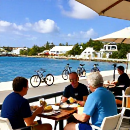 Caribbean Holidays, Bermuda Cycling Holidays, A relaxed outdoor caf&eacute; in Bermuda with cyclists enjoying lunch beside a harbour on a sunny February day