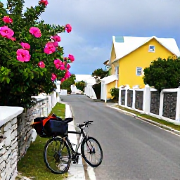 Caribbean Holidays, Bermuda Cycling Holidays, A touring bicycle parked beside a narrow Bermuda lane bordered by hibiscus, stone walls and colourful houses