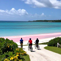 Caribbean Holidays, Bermuda Cycling Holidays, Cyclists stopping at a scenic Bermuda viewpoint overlooking the Atlantic Ocean and pink sandy shoreline