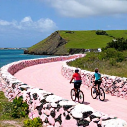 Caribbean Holidays, Bermuda Cycling Holidays, Two cyclists travelling through Bermuda countryside past pink-sandstone walls, green hills and a calm blue ocean