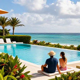 Caribbean Holidays, Bermuda December, A couple relaxing at a stylish Bermuda hotel pool overlooking the ocean, tropical gardens and bright winter sky