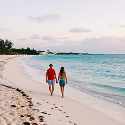 Caribbean Holidays, Bermuda December, A couple walking hand in hand along a quiet pink-sand beach in Bermuda at sunset, soft December light, clear turquoise water