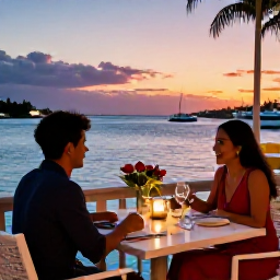 Caribbean Holidays, Bermuda December, A romantic waterfront restaurant in Bermuda with a couple dining outdoors, colourful sunset sky, boats on calm blue water