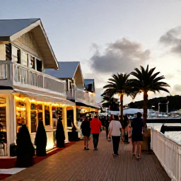 Caribbean Holidays, Bermuda December Beaches, A festive waterfront scene in Hamilton Bermuda in December, decorated shops, gentle evening light and visitors enjoying seasonal celebrations