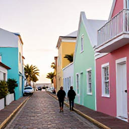 Caribbean Holidays, Bermuda December, Couple exploring the historic pastel streets and colonial buildings of St George's, Bermuda, in warm December sunshine