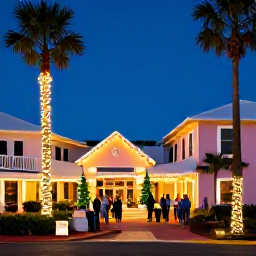 Caribbean Holidays, Bermuda December Holidays, A festive Bermuda evening in December with tasteful Christmas lights, palm trees, pastel buildings and visitors enjoying a welcoming island atmosphere