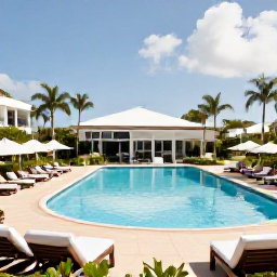 Caribbean Holidays, Bermuda December Holidays, A stylish Bermuda all-inclusive resort in December with a swimming pool, sun loungers, tropical gardens and guests enjoying a peaceful afternoon