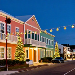 Caribbean Holidays, Bermuda December Holidays, Colourful Bermuda Christmas decorations and festive lights along a historic pastel-painted street in Hamilton at dusk