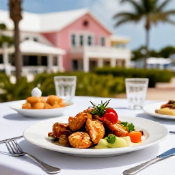 Caribbean Holidays, Bermuda December Holidays, Outdoor table at a Bermuda restaurant serving local seafood and festive dishes, with pastel buildings and palm trees nearby