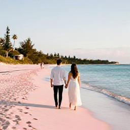 Caribbean Holidays, Bermuda December Honeymoons, A newlywed couple walking hand in hand along a quiet pink-sand beach in Bermuda during warm December sunshine