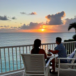 Caribbean Holidays, Bermuda December Honeymoons, Newlywed couple enjoying a quiet Bermuda resort balcony at sunset, with ocean views and a relaxed romantic atmosphere