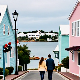 Caribbean Holidays, Bermuda December Honeymoons, Romantic couple exploring colourful Hamilton streets in Bermuda, with pastel buildings, harbour views and festive December details
