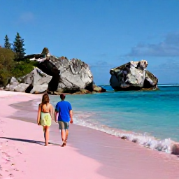 Caribbean Holidays, Bermuda December Luxury, Couple walking along Horseshoe Bay Beach in Bermuda in December, pink sand, turquoise water and dramatic coastal rocks