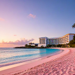 Caribbean Holidays, Bermuda December Luxury, Elegant beachfront resort in Bermuda at sunset during December, pink sand beach, calm turquoise sea, sophisticated holiday atmosphere
