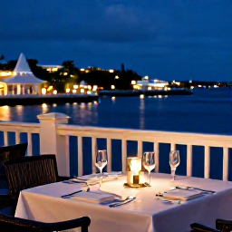 Caribbean Holidays, Bermuda December Luxury, Elegant festive dinner at a Bermuda waterfront restaurant in December, candlelit table, harbour lights and refined local cuisine