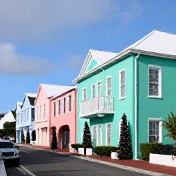 Caribbean Holidays, Bermuda December Luxury, Historic pastel buildings and quiet street in Hamilton, Bermuda, decorated for Christmas in December