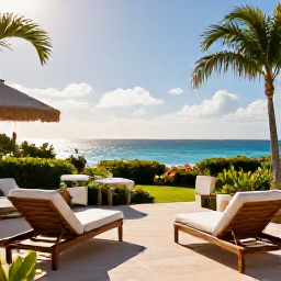 Caribbean Holidays, Bermuda December Luxury, Luxury Bermuda hotel terrace with ocean view, comfortable loungers, tropical gardens and gentle December sunshine