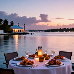 Caribbean Holidays, Bermuda December, Romantic Bermuda waterfront dinner in December with fresh seafood, candles, pastel sunset and calm harbour views