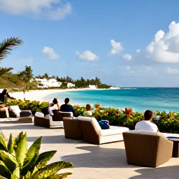 Caribbean Holidays, Bermuda December, Stylish adults-only hotel terrace in Bermuda with sea views, comfortable loungers, tropical plants and couples enjoying a December afternoon