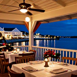 Caribbean Holidays, Bermuda December Tours, A cosy Bermuda restaurant decorated for Christmas, serving fresh seafood and local dishes beside a softly lit harbour