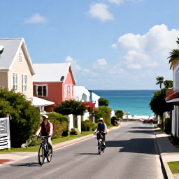 Caribbean Holidays, Bermuda December Tours, Visitors riding bicycles along a quiet coastal road in Bermuda, with pastel houses, lush gardens and clear blue sea in the background