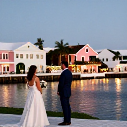 Caribbean Holidays, Bermuda December Weddings, Bermuda waterfront at dusk with festive December lights, pastel buildings and a newlywed couple enjoying the view