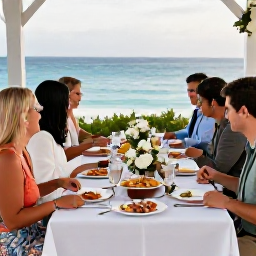 Caribbean Holidays, Bermuda December Weddings, Couple and wedding guests enjoying a relaxed outdoor reception in Bermuda, with a long table, local seafood and ocean views