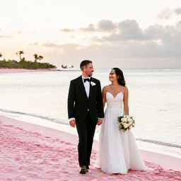 Caribbean Holidays, Bermuda December Weddings, Newly married couple walking along a pink-sand beach in Bermuda at sunset, elegant but relaxed wedding holiday atmosphere
