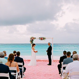 Caribbean Holidays, Bermuda December Weddings, Outdoor Bermuda wedding ceremony on a pink-sand beach with turquoise water, simple floral decorations and guests in smart casual clothing