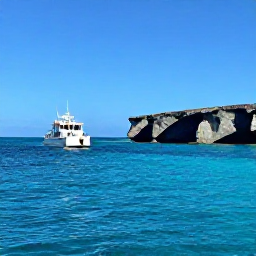 Caribbean Holidays, Bermuda Diving April, A Bermuda dive boat heading across calm turquoise water towards a dramatic coastal reef on a sunny spring day