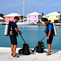 Caribbean Holidays, Bermuda Diving April, Friendly scuba diving instructors preparing equipment beside a Bermuda marina with pastel buildings in the background