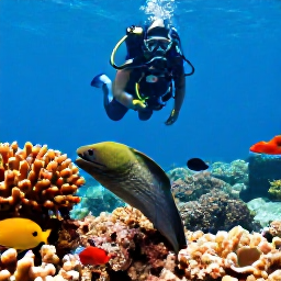 Caribbean Holidays, Bermuda Diving April, Scuba divers observing a green moray eel and colourful reef fish among Bermuda coral formations