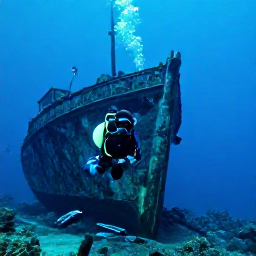 Caribbean Holidays, Bermuda Diving January, Experienced scuba diver swimming beside the dramatic bow of a historic Bermuda shipwreck on a clear reef