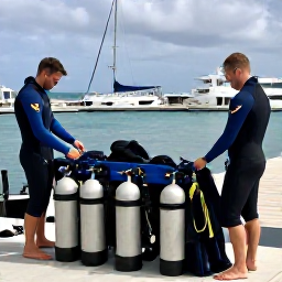 Caribbean Holidays, Bermuda Diving January, Friendly Bermuda dive centre staff preparing wetsuits, tanks and masks beside a marina in Hamilton
