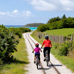 Caribbean Holidays, Bermuda Family Holidays, A family cycling along a scenic Bermuda railway trail through green countryside beside the coast