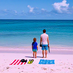 Caribbean Holidays, Bermuda Family Holidays, A family enjoying a calm pink-sand beach in Bermuda, with snorkelling gear, beach towels and clear blue water