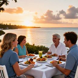 Caribbean Holidays, Bermuda Family Holidays, A family enjoying a relaxed outdoor dinner at a welcoming Bermuda restaurant, with fresh seafood, colourful salads and a sunset over the water