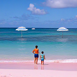 Caribbean Holidays, Bermuda Family Holidays, A family enjoying calm turquoise sea and pink sand at Horseshoe Bay in Bermuda, with sun umbrellas and gentle waves