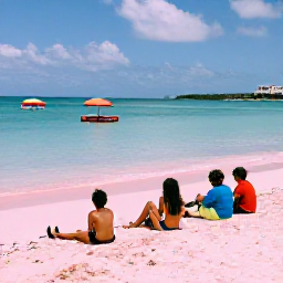 Caribbean Holidays, Bermuda Family Holidays, A family relaxing on a bright pink-sand beach in Bermuda with calm turquoise water and colourful umbrellas