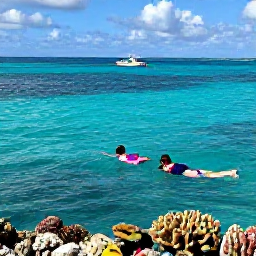 Caribbean Holidays, Bermuda Family Holidays, A family snorkelling in calm turquoise water beside colourful fish and coral near Bermuda, with a small boat in the background