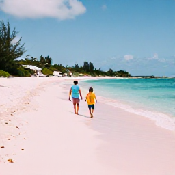 Caribbean Holidays, Bermuda Family Holidays, A family walking along a sunny pink-sand beach in Bermuda in March, calm turquoise sea and pastel coastal scenery