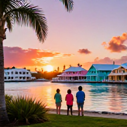 Caribbean Holidays, Bermuda Family Holidays, A family watching a colourful sunset over Bermuda&rsquo;s calm harbour, with pastel buildings and palm trees in the foreground