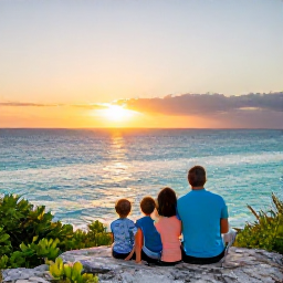 Caribbean Holidays, Bermuda Family Holidays, A family watching the sunset over Bermuda&rsquo;s turquoise sea from a scenic coastal viewpoint