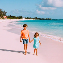 Caribbean Holidays, Bermuda Family Holidays, A happy family walking along a pink-sand beach in Bermuda in warm November sunshine, clear blue water and pastel beach scenery